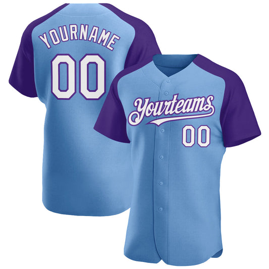 Custom Light Blue White-Purple Authentic Raglan Sleeves Baseball Jersey - Sky-Custom