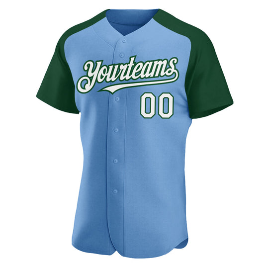 Custom Light Blue White-Green Authentic Raglan Sleeves Baseball Jersey - Sky-Custom