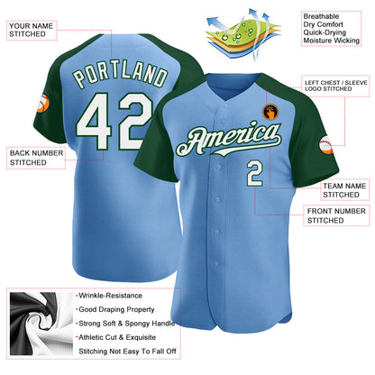 Custom Light Blue White-Green Authentic Raglan Sleeves Baseball Jersey - Sky-Custom