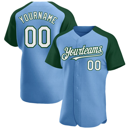 Custom Light Blue White-Green Authentic Raglan Sleeves Baseball Jersey - Sky-Custom