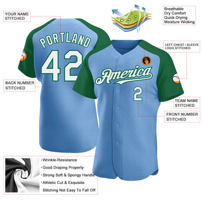 Custom Light Blue White-Kelly Green Authentic Raglan Sleeves Baseball Jersey - Sky-Custom