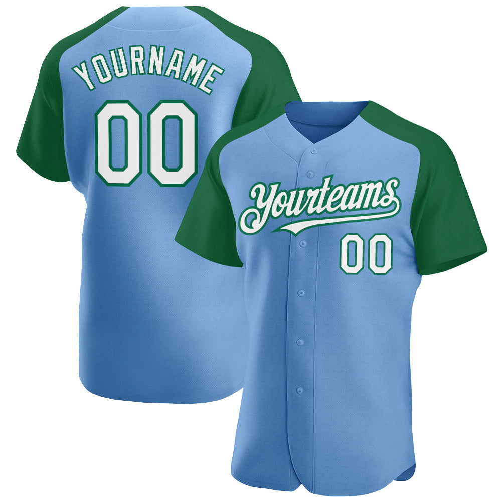 Custom Light Blue White-Kelly Green Authentic Raglan Sleeves Baseball Jersey - Sky-Custom