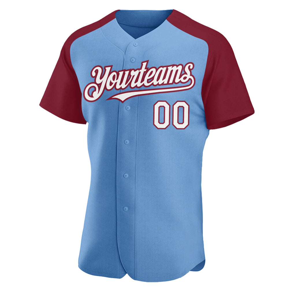 Custom Light Blue White-Crimson Authentic Raglan Sleeves Baseball Jersey - Sky-Custom