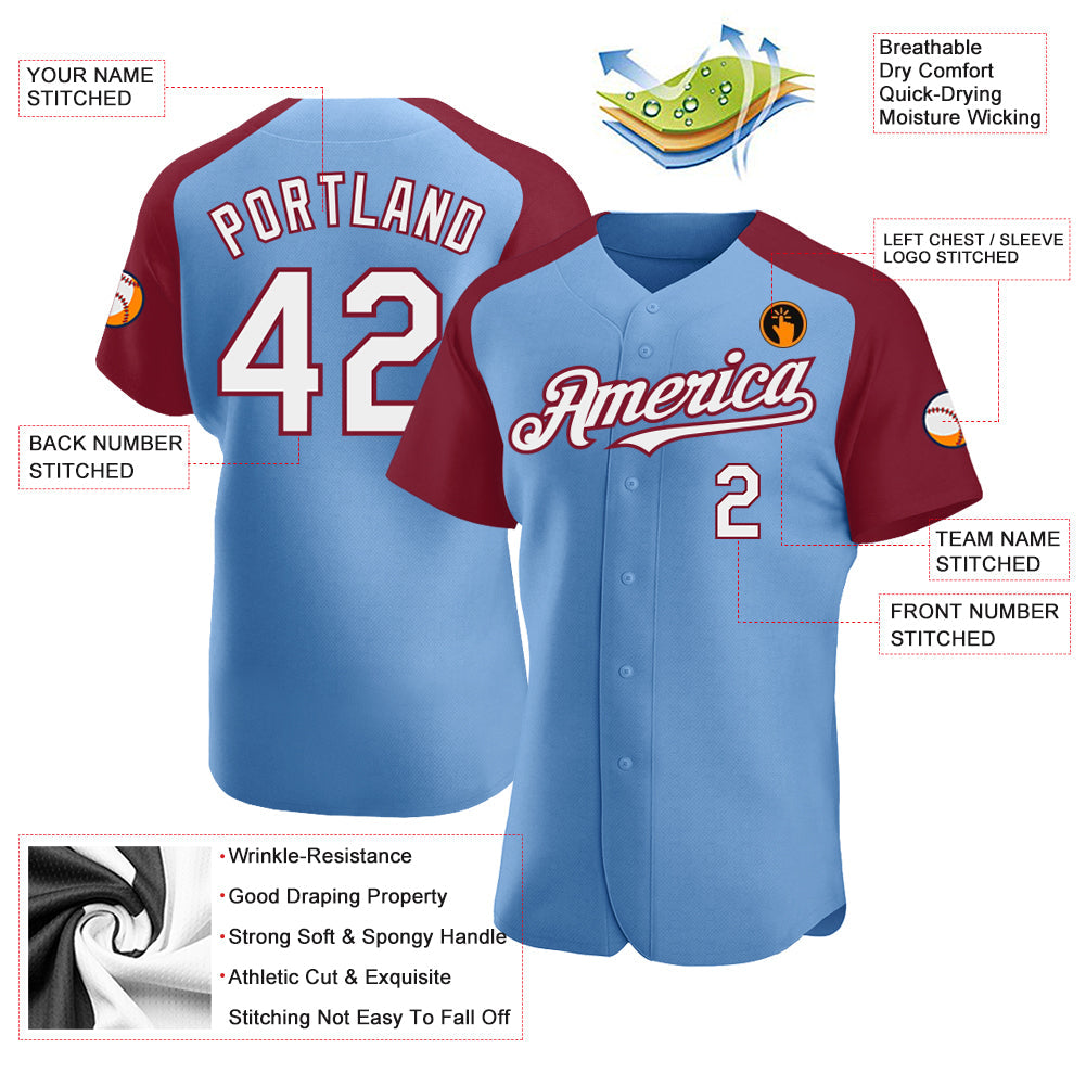 Custom Light Blue White-Crimson Authentic Raglan Sleeves Baseball Jersey - Sky-Custom