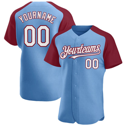 Custom Light Blue White-Crimson Authentic Raglan Sleeves Baseball Jersey - Sky-Custom