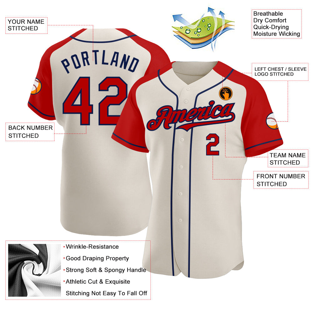 Custom Cream Red-Navy Authentic Raglan Sleeves Baseball Jersey - Sky-Custom