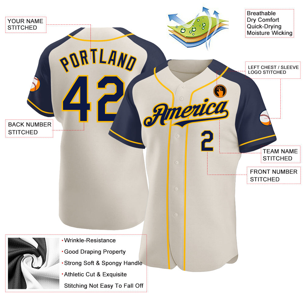 Custom Cream Navy-Gold Authentic Raglan Sleeves Baseball Jersey - Sky-Custom