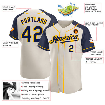 Custom Cream Navy-Gold Authentic Raglan Sleeves Baseball Jersey - Sky-Custom