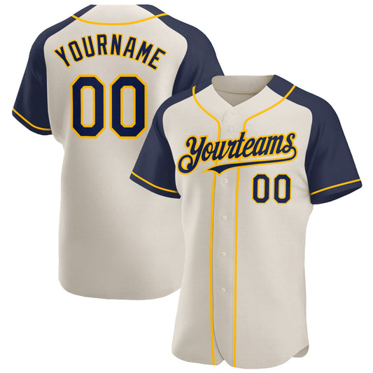 Custom Cream Navy-Gold Authentic Raglan Sleeves Baseball Jersey - Sky-Custom