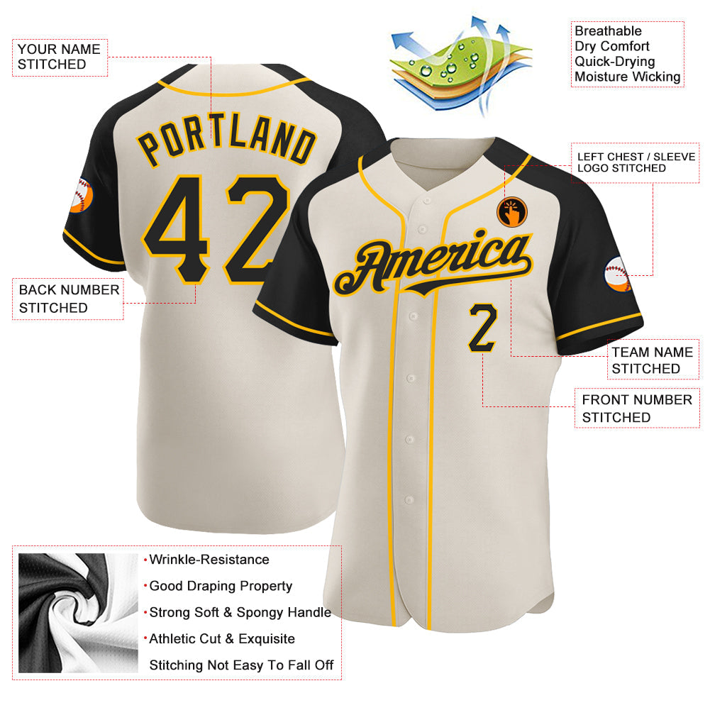 Custom Cream Black-Gold Authentic Raglan Sleeves Baseball Jersey - Sky-Custom