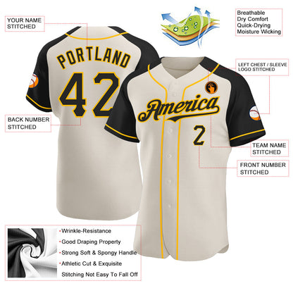 Custom Cream Black-Gold Authentic Raglan Sleeves Baseball Jersey - Sky-Custom