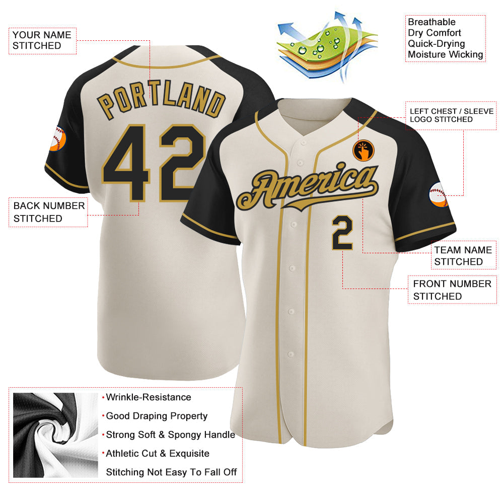 Custom Cream Black-Old Gold Authentic Raglan Sleeves Baseball Jersey - Sky-Custom