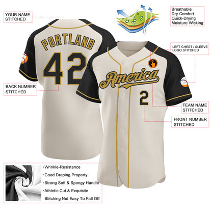 Custom Cream Black-Old Gold Authentic Raglan Sleeves Baseball Jersey - Sky-Custom