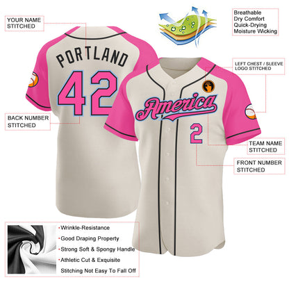 Custom Cream Pink Black-Light Blue Authentic Raglan Sleeves Baseball Jersey - Sky-Custom
