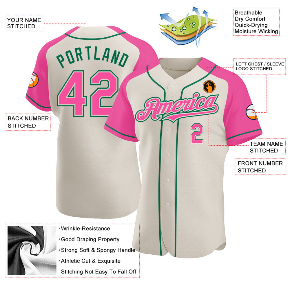 Custom Cream Pink-Kelly Green Authentic Raglan Sleeves Baseball Jersey - Sky-Custom