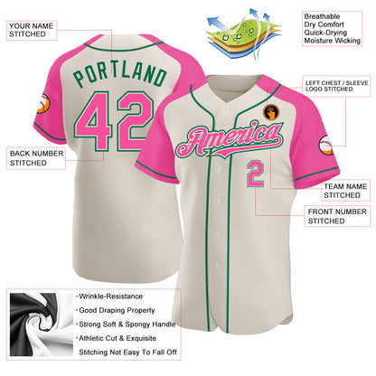 Custom Cream Pink-Kelly Green Authentic Raglan Sleeves Baseball Jersey - Sky-Custom