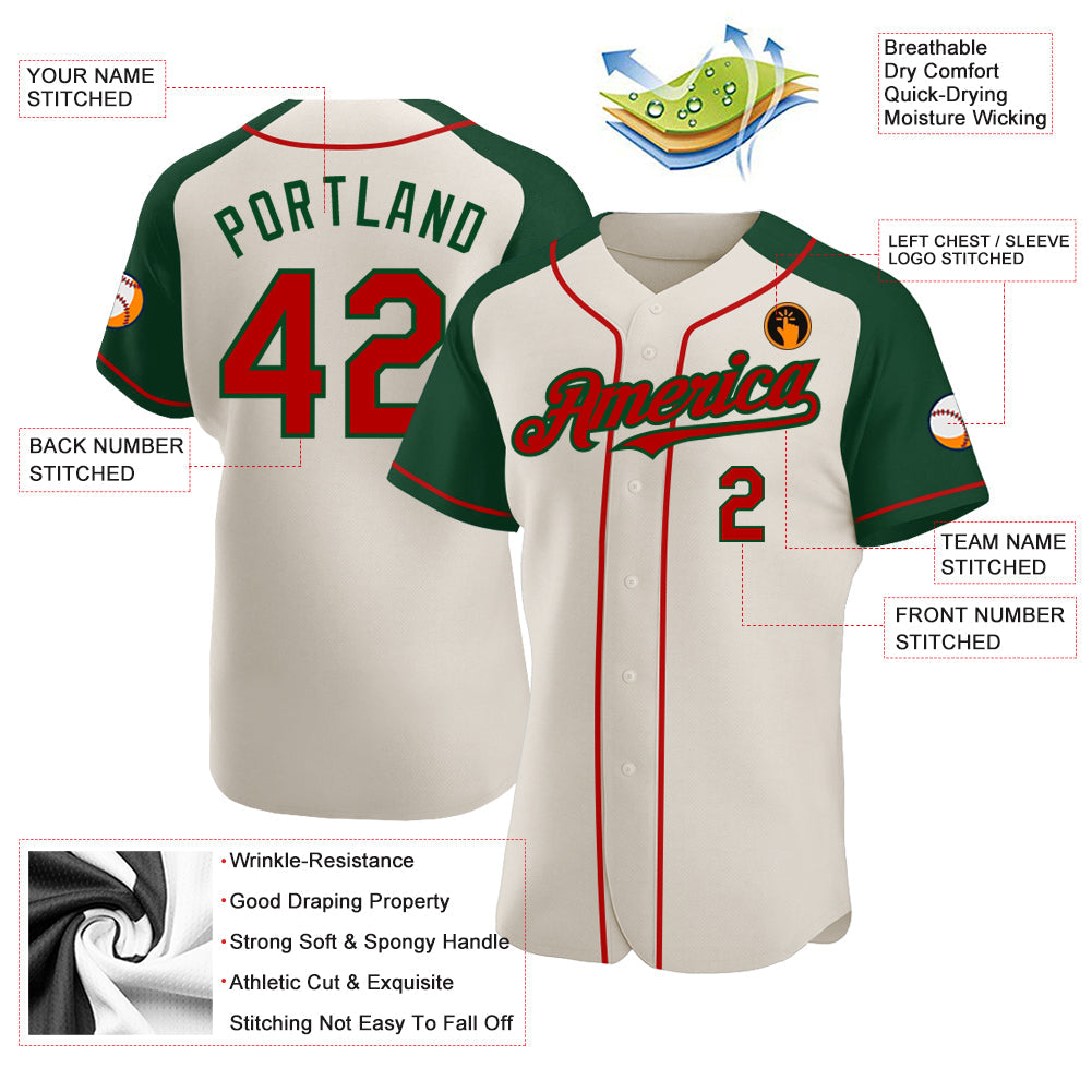 Custom Cream Red-Green Authentic Raglan Sleeves Baseball Jersey - Sky-Custom