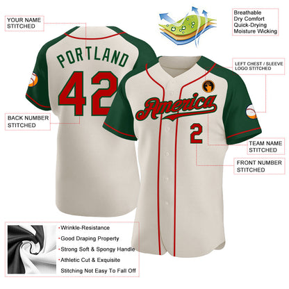 Custom Cream Red-Green Authentic Raglan Sleeves Baseball Jersey - Sky-Custom