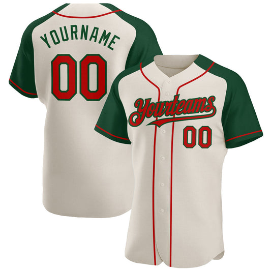 Custom Cream Red-Green Authentic Raglan Sleeves Baseball Jersey - Sky-Custom