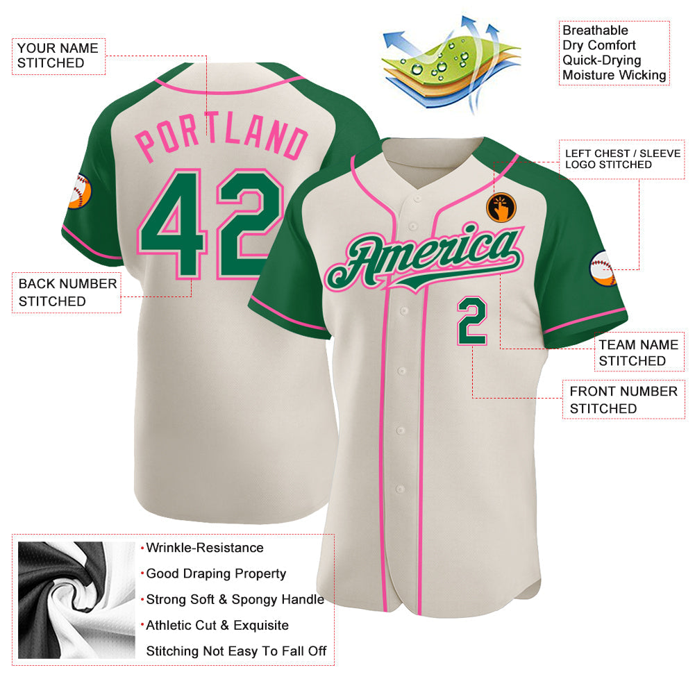 Custom Cream Kelly Green-Pink Authentic Raglan Sleeves Baseball Jersey - Sky-Custom