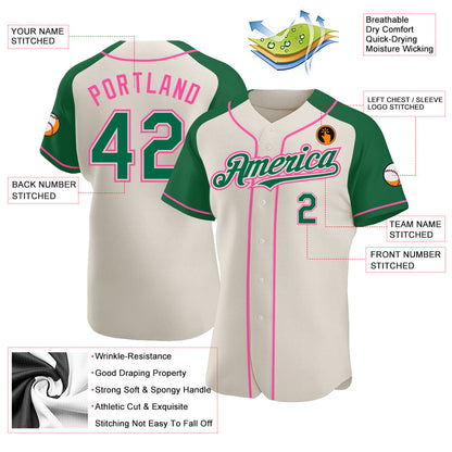 Custom Cream Kelly Green-Pink Authentic Raglan Sleeves Baseball Jersey - Sky-Custom