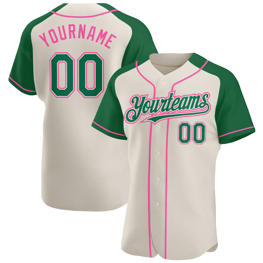 Custom Cream Kelly Green-Pink Authentic Raglan Sleeves Baseball Jersey - Sky-Custom