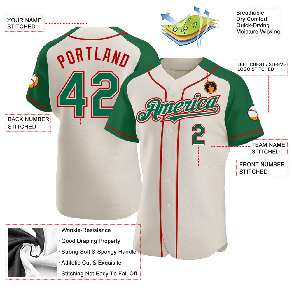 Custom Cream Kelly Green-Red Authentic Raglan Sleeves Baseball Jersey - Sky-Custom