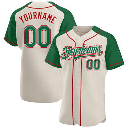 Custom Cream Kelly Green-Red Authentic Raglan Sleeves Baseball Jersey - Sky-Custom