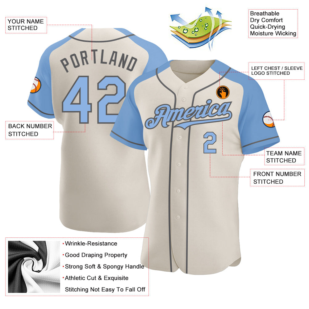 Custom Cream Light Blue-Steel Gray Authentic Raglan Sleeves Baseball Jersey - Sky-Custom
