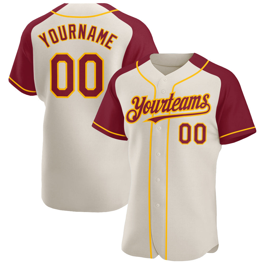Custom Cream Crimson-Gold Authentic Raglan Sleeves Baseball Jersey - Sky-Custom