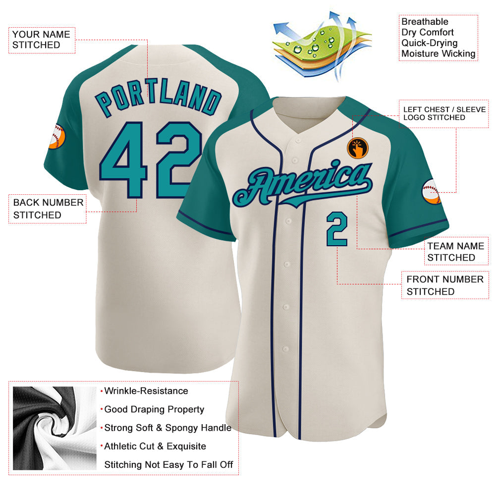 Custom Cream Teal-Navy Authentic Raglan Sleeves Baseball Jersey - Sky-Custom