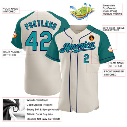 Custom Cream Teal-Navy Authentic Raglan Sleeves Baseball Jersey - Sky-Custom