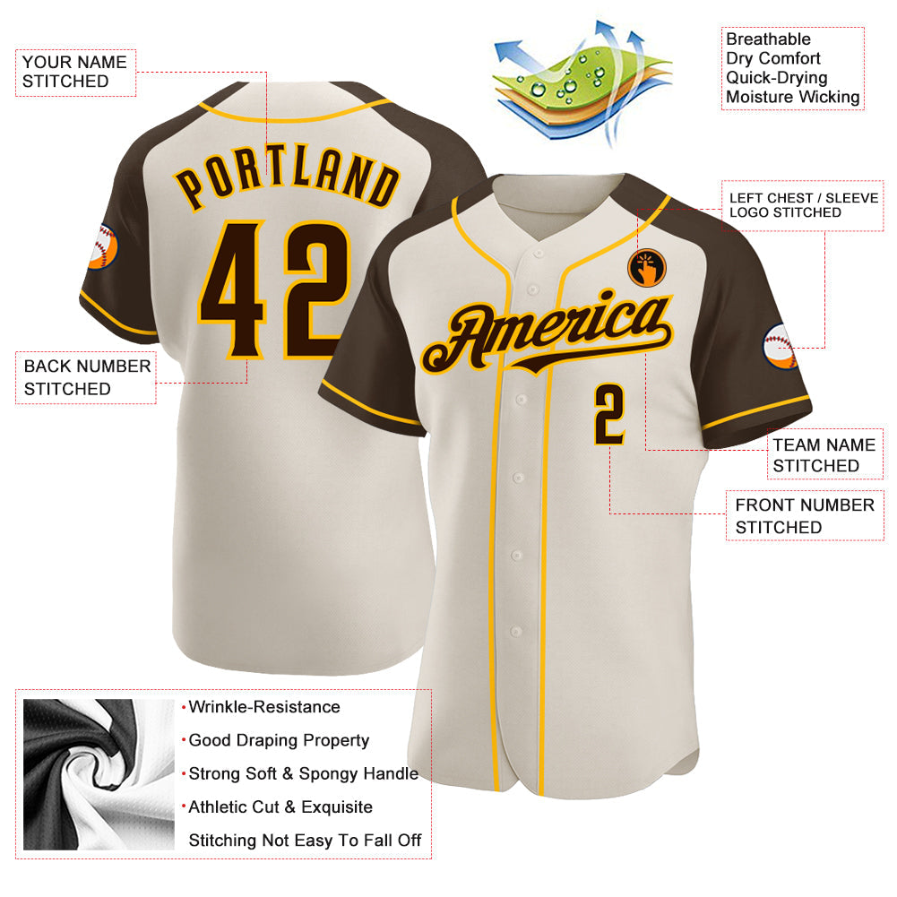 Custom Cream Brown-Gold Authentic Raglan Sleeves Baseball Jersey - Sky-Custom