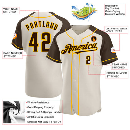 Custom Cream Brown-Gold Authentic Raglan Sleeves Baseball Jersey - Sky-Custom