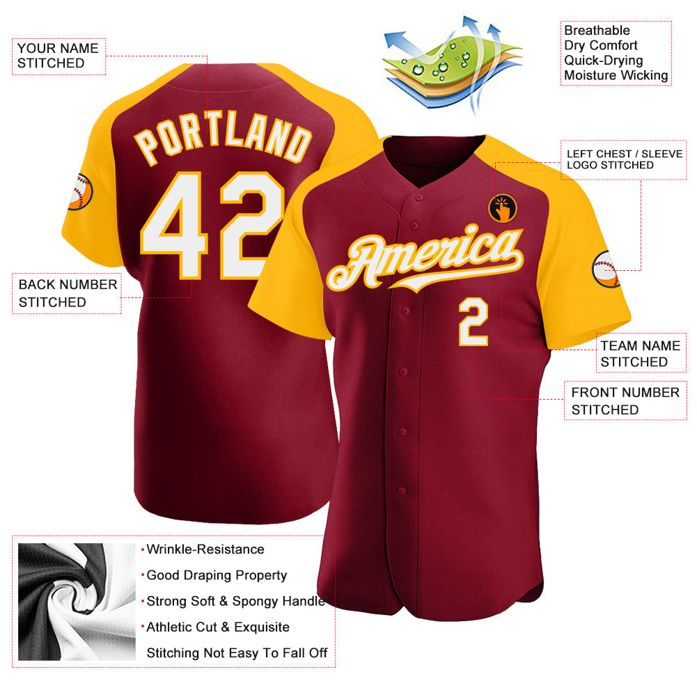 Custom Crimson White-Gold Authentic Raglan Sleeves Baseball Jersey - Sky-Custom