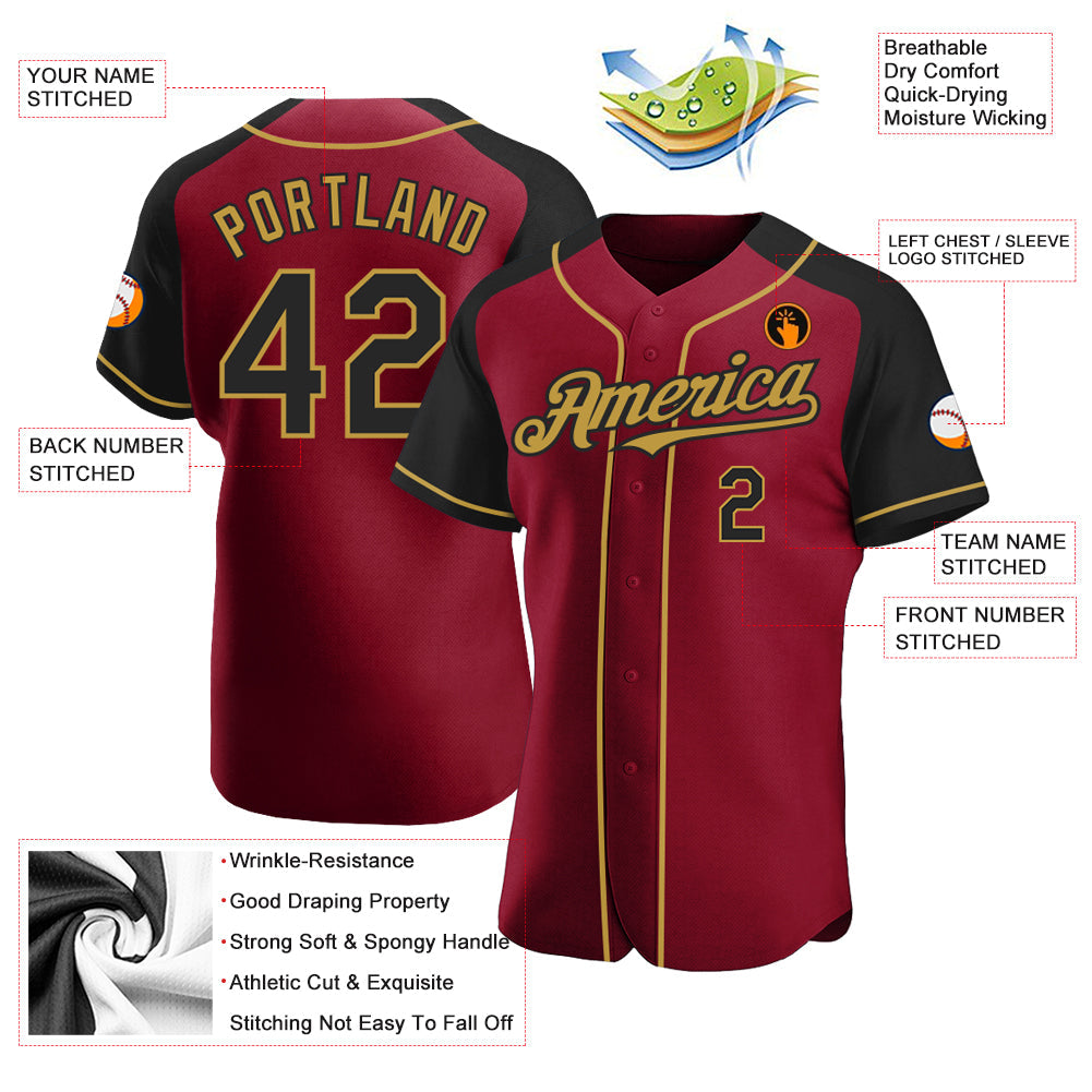 Custom Crimson Black-Old Gold Authentic Raglan Sleeves Baseball Jersey - Sky-Custom
