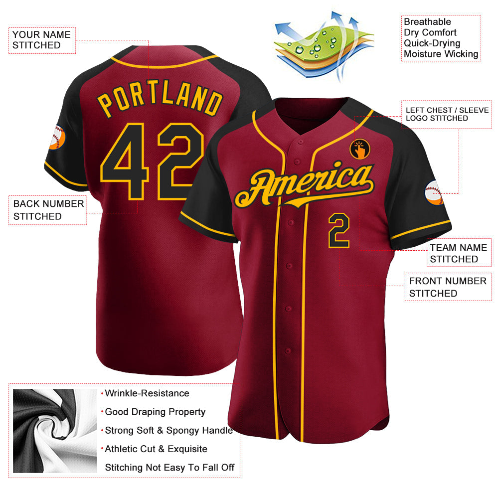 Custom Crimson Black-Gold Authentic Raglan Sleeves Baseball Jersey - Sky-Custom