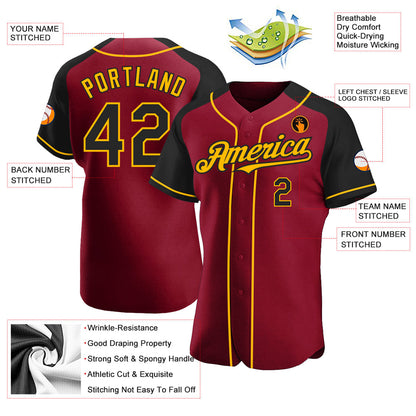 Custom Crimson Black-Gold Authentic Raglan Sleeves Baseball Jersey - Sky-Custom