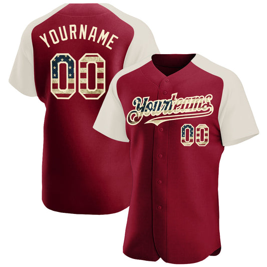 Custom Crimson Vintage USA Flag-Cream Authentic Raglan Sleeves Baseball Jersey - Sky-Custom
