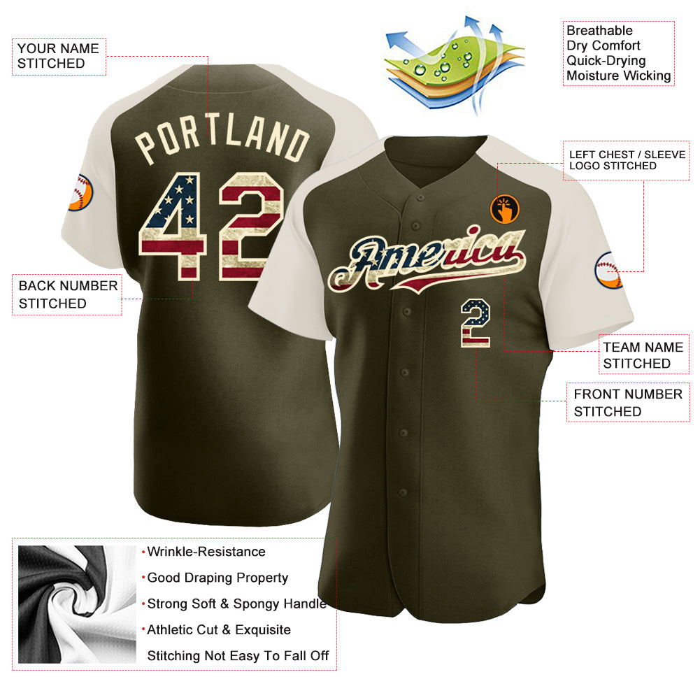 Custom Olive Vintage USA Flag-Cream Authentic Raglan Sleeves Salute To Service Baseball Jersey - Sky-Custom