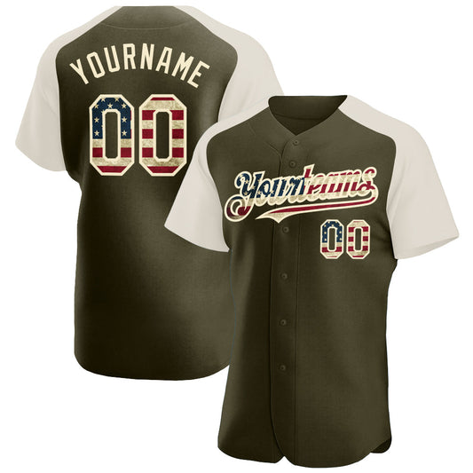 Custom Olive Vintage USA Flag-Cream Authentic Raglan Sleeves Salute To Service Baseball Jersey - Sky-Custom