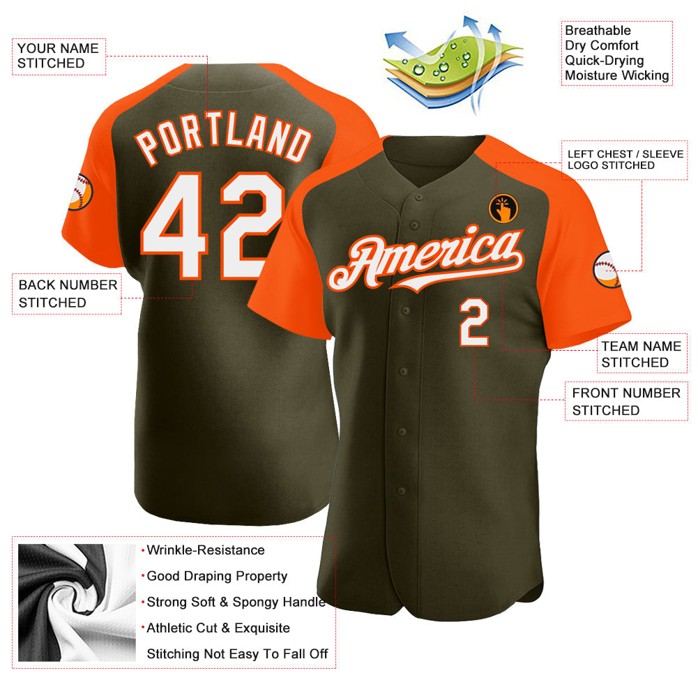 Custom Olive White-Orange Authentic Raglan Sleeves Salute To Service Baseball Jersey - Sky-Custom
