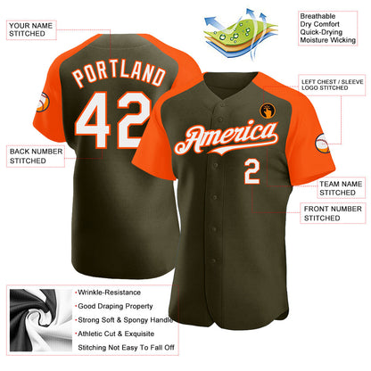 Custom Olive White-Orange Authentic Raglan Sleeves Salute To Service Baseball Jersey - Sky-Custom