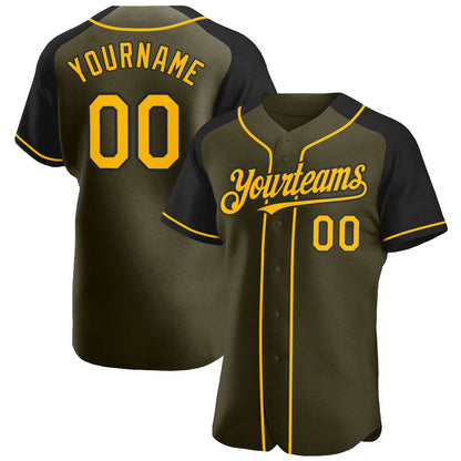Custom Olive Gold-Black Authentic Raglan Sleeves Salute To Service Baseball Jersey - Sky-Custom