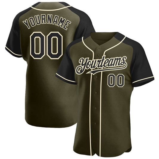 Custom Olive Black-Cream Authentic Raglan Sleeves Salute To Service Baseball Jersey - Sky-Custom