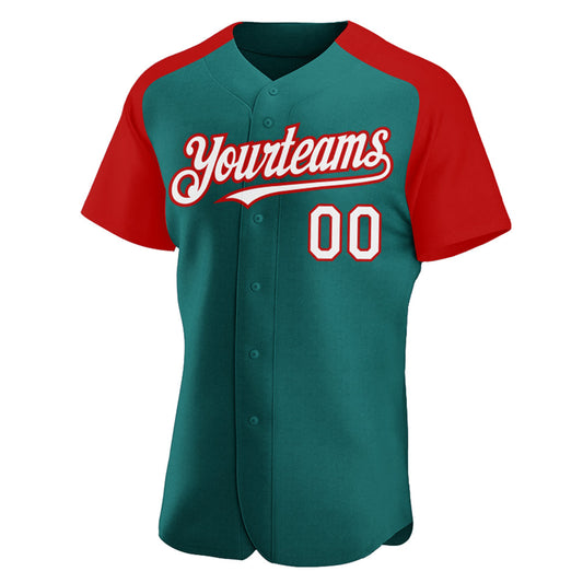 Custom Teal White-Red Authentic Raglan Sleeves Baseball Jersey - Sky-Custom
