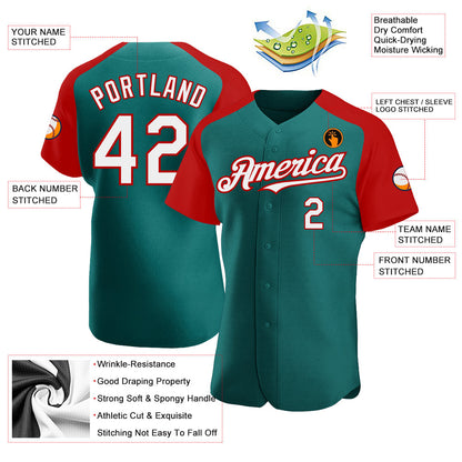 Custom Teal White-Red Authentic Raglan Sleeves Baseball Jersey - Sky-Custom