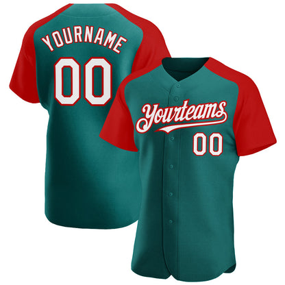 Custom Teal White-Red Authentic Raglan Sleeves Baseball Jersey - Sky-Custom