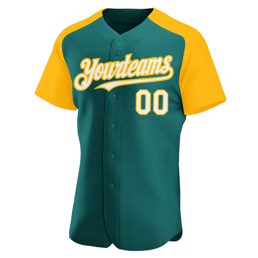Custom Teal White-Gold Authentic Raglan Sleeves Baseball Jersey - Sky-Custom