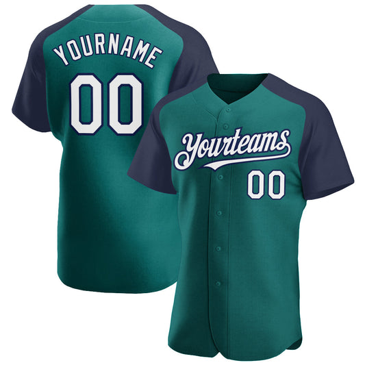 Custom Teal White-Navy Authentic Raglan Sleeves Baseball Jersey - Sky-Custom